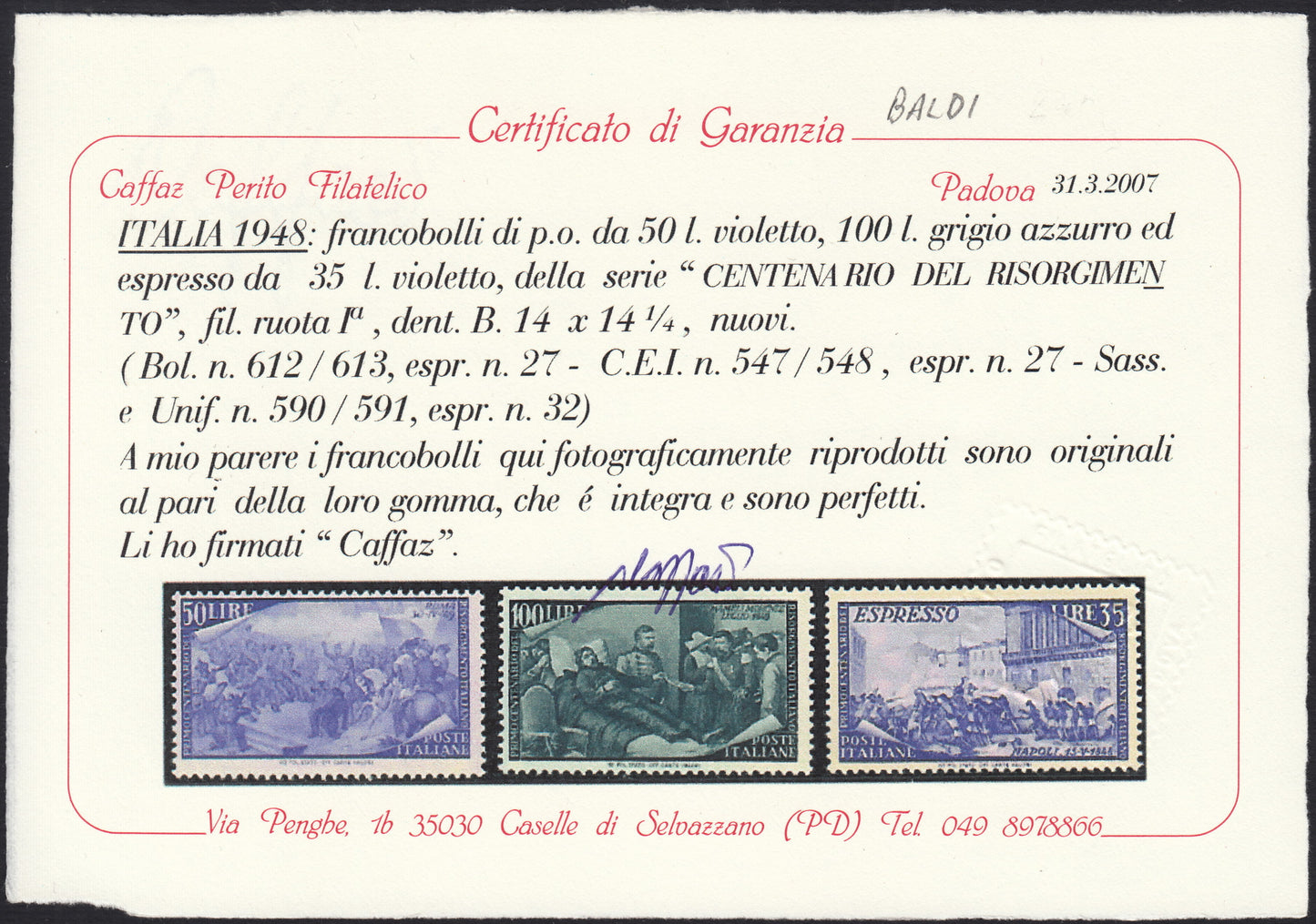 Rep145 - 1948 - Centenario del Risorgimento, serie completa di 12 valori di Posta Ordinaria + l'Espresso, nuova gomma integra (580/591 + E32)
