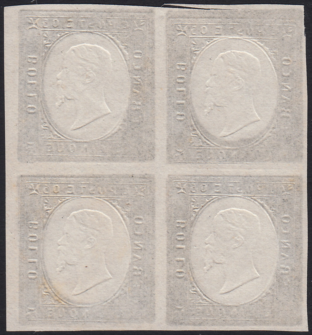 Sard1100 - 1863 - III emissione III composizione c. 5 nero blocco di 4 esemplari nuovo non gommato (PR1)