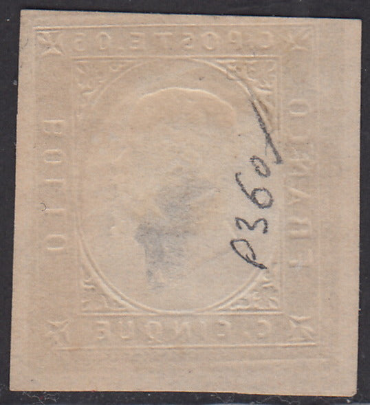 SARD208 - 1854 - III emissione c. 5 oro, prova di colore della II composizione, nuova non gommata (P36a)