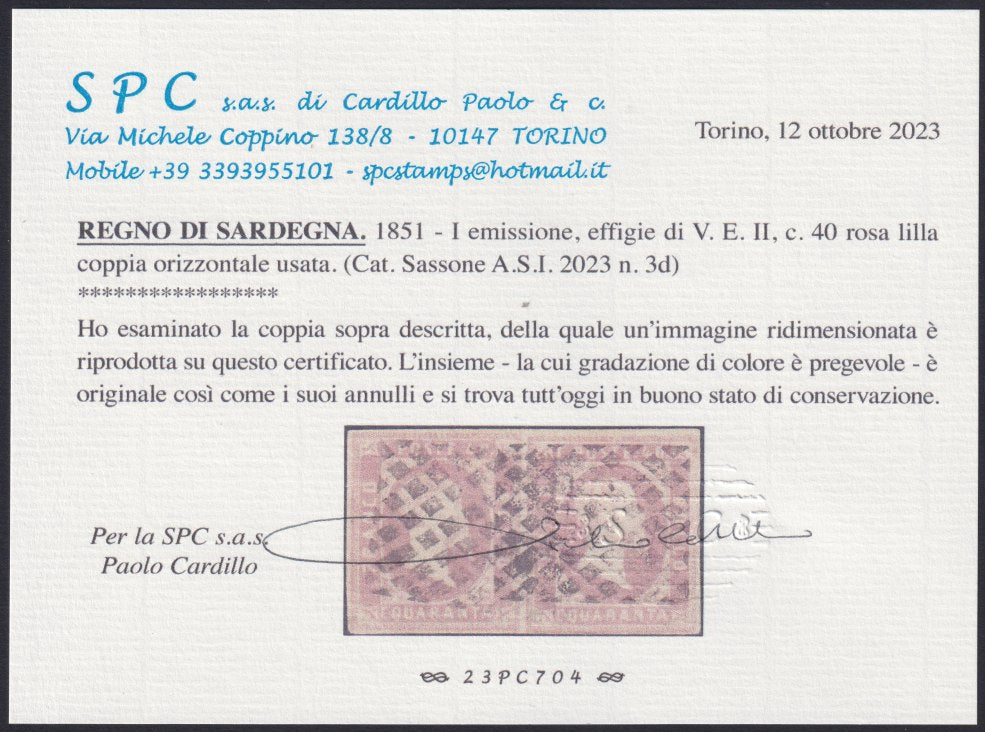 Sard516 - 1851 - I emissione c. 40 rosa lilla coppia orizzontale usata (3d)