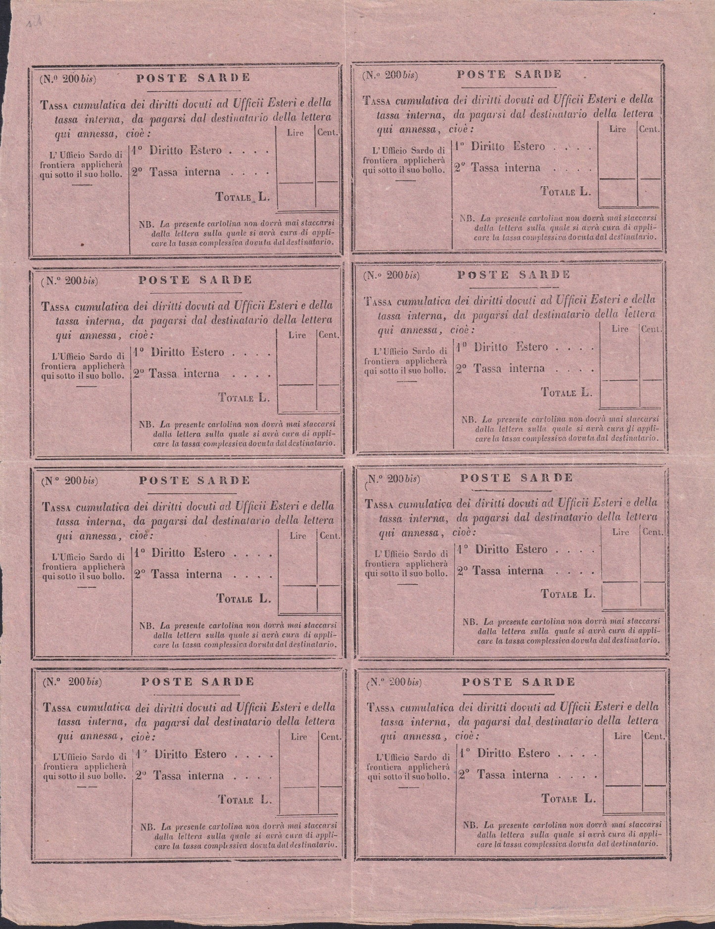 Sard870 - 1851 - Tax postage model no. 200 bis "NB on three lines", right part of the composition with variety at position 2/8 (10/16) new (4, 4a)
