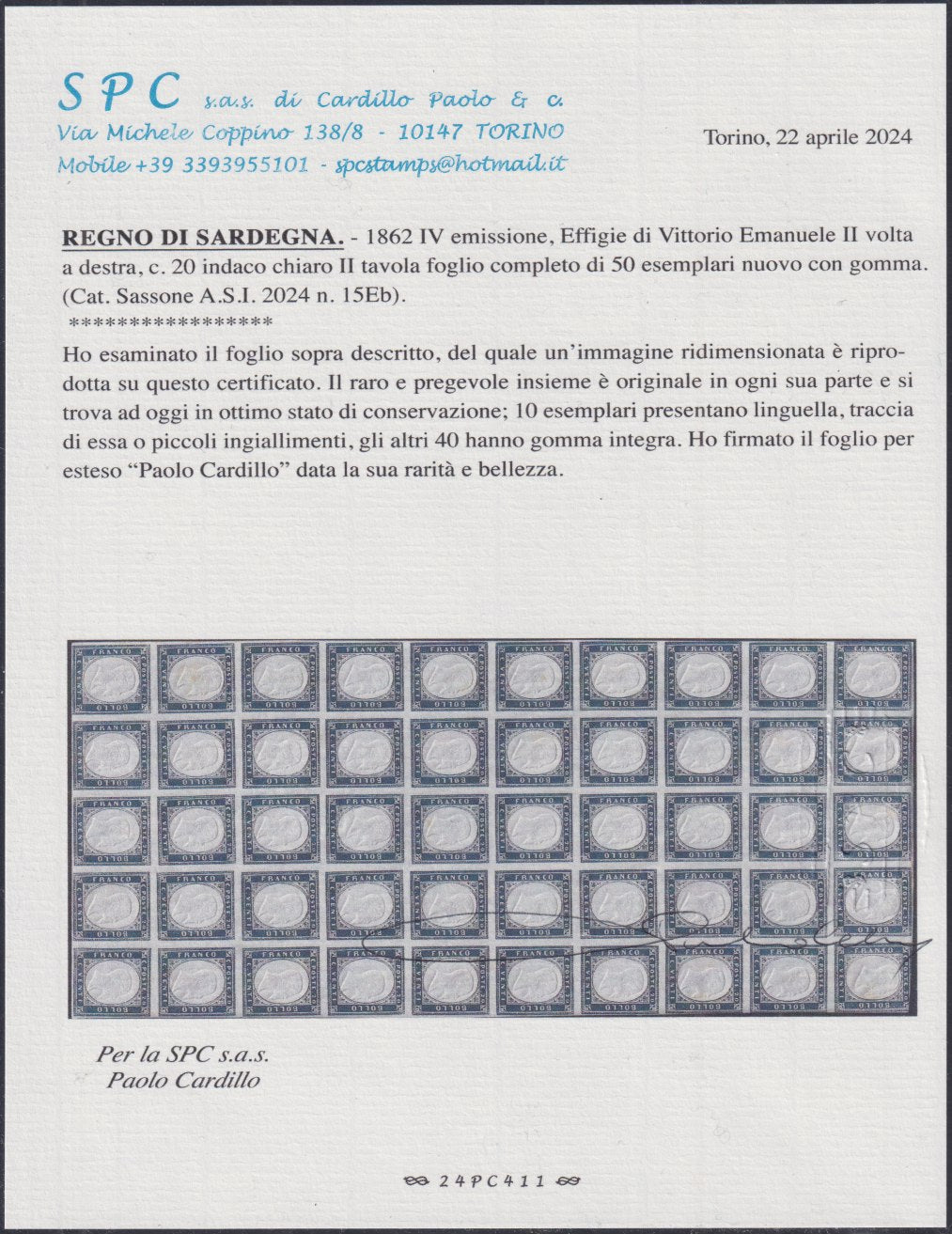 SardF5 - 1862 - IV issue c. 20 light indigo II table complete sheet of 50 copies new with rubber (15Eb).
