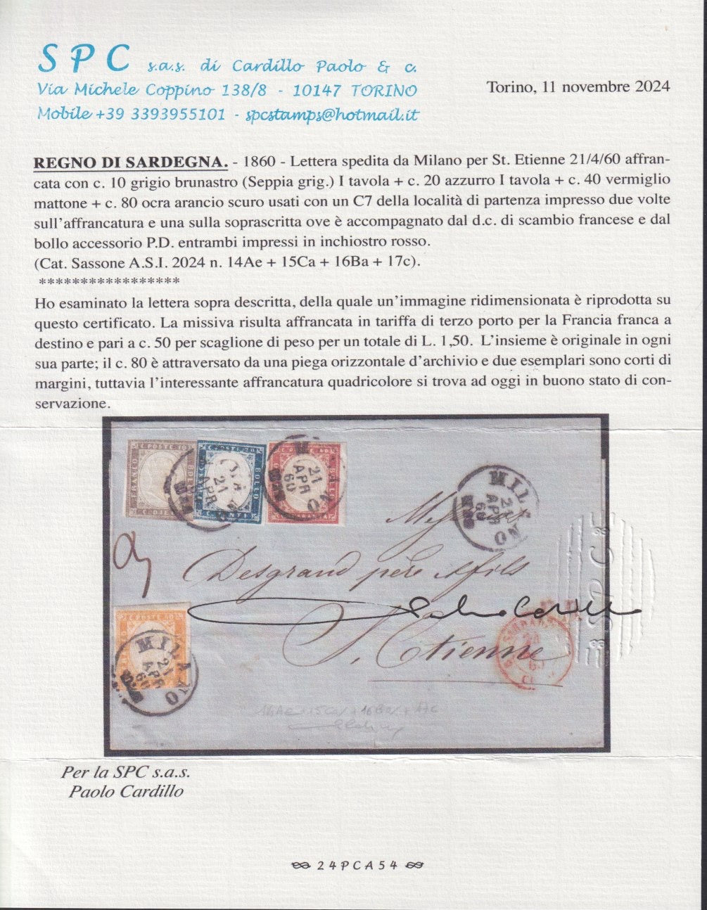 SARDSP331 -1860 - Lettera spedita da Milano per St. Etienne 21/4/69 con affrancatura quadricolore (14Ae + 15Ca + 16Ba + 17c)