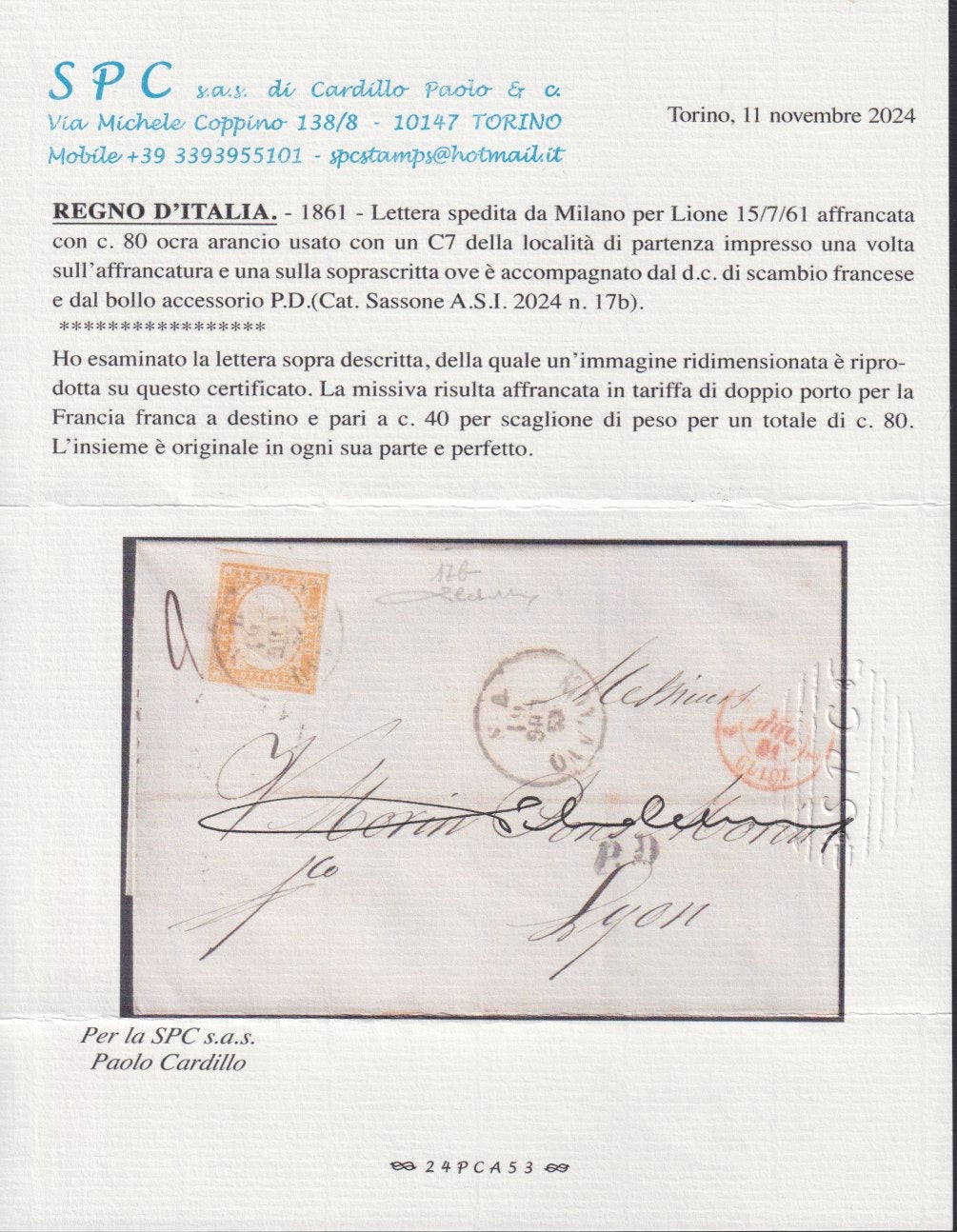 SARDSP332 -1861 - Lettera spedita da Mialno per Lione affrancata con c. 80 ocra arancio tiratura 1858 isolato (17b)