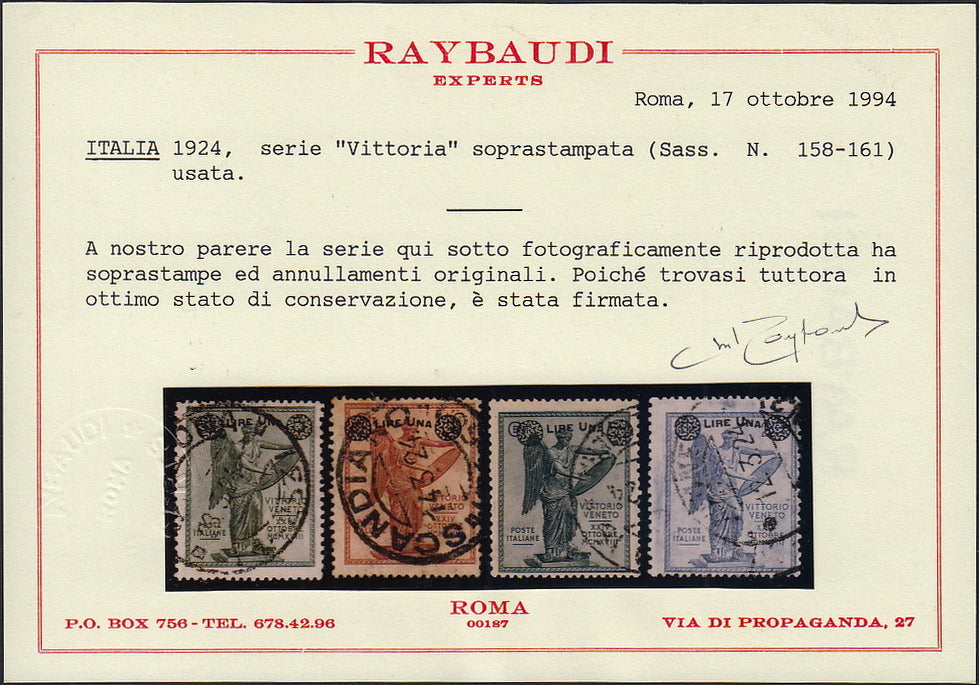 UT241 - 1924 - serie Vittoria sovrastampata, serie completa di 4 valori usati con annulli originali (158/161)