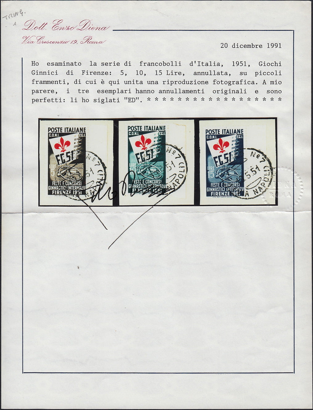 UT263 - 1951 - Feste e Concorsi Ginnici Internazionali a Firenze, serie completa di tre valori usati su frammento (661/663)