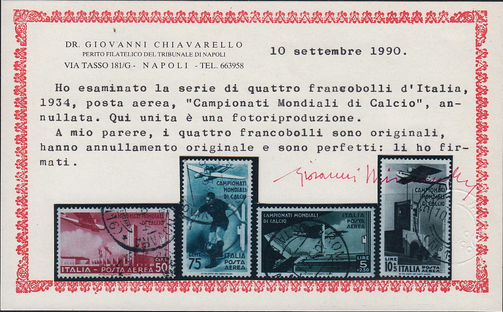 UT367 - 1934 - 2° Campionato Mondiale di Calcio, Posta Aerea, serie di 4 valori usati con annulli originali (A69/72)