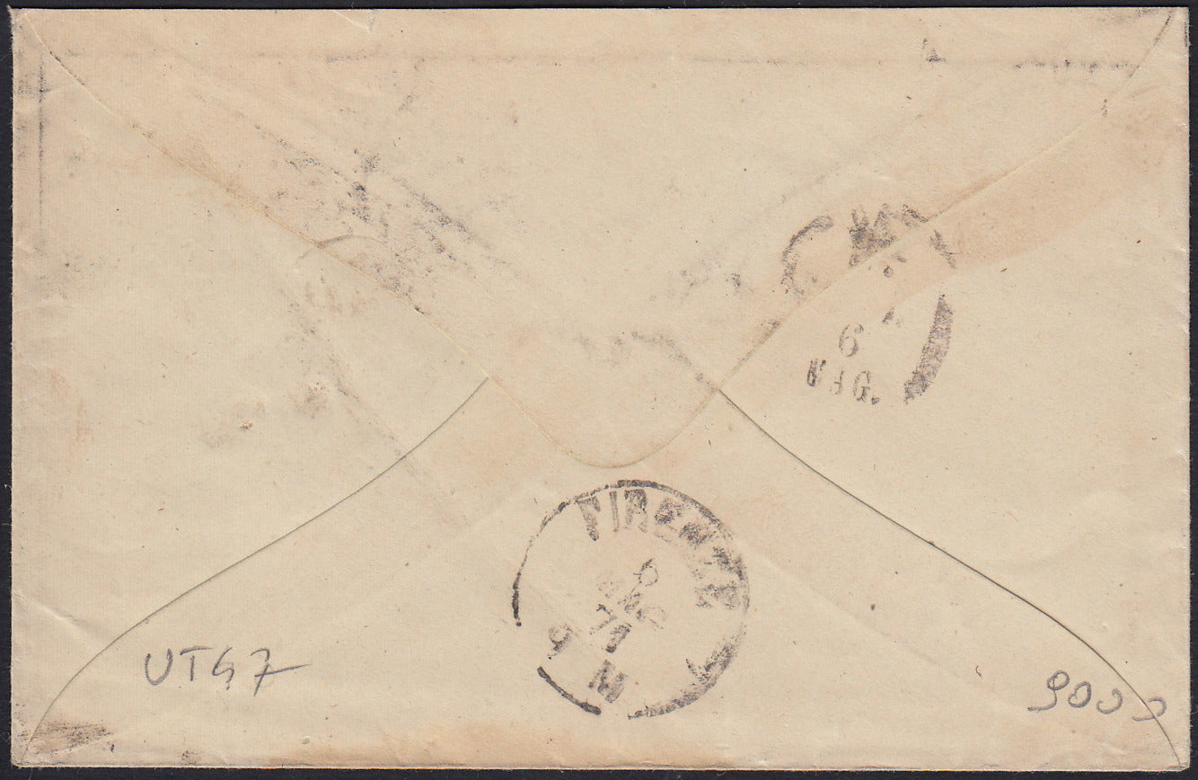 UT47 - 1863 - Lettera spedita da Roma per Firenze 5/5/71 affrancata con c.20 celeste tipo Bigola usato con rombi della I emissione di Sardegna (L26, p.ti 13)