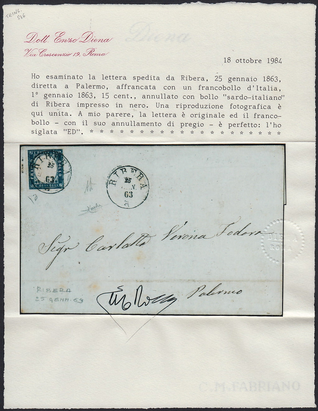 UT52 - 1863 - Lettera spedita da Ribera per Palermo 9/2/63 affrancata con c.15 cobalto verdastro tipo Sardegna (11h, Punti R1)