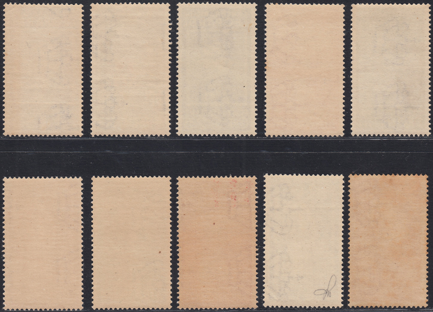 1930 – Virgilio, Ten cuttings of an advertising poster on thick cardboard with a perforated impression printed in black in the outline and diagonally the wording SAGGIO in block capitals.