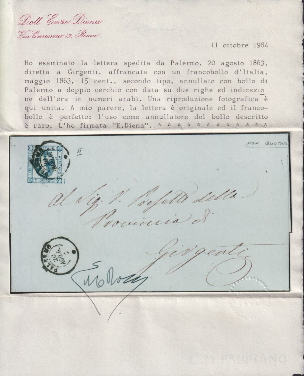 UT835 - 1863 - Lettera spedita da PALERMO per Girgenti 20/8/63 con c.15 azzurro II tipo; annullo d.c. II tipo con numeri arabi (13, p.ti 8)