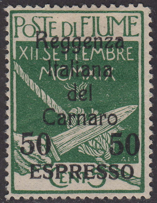 V145 - 1920 - Legionari di Fiume, Espresso c. 50 suc. 5 verde soprastampato Reggenza Italiana del Carnaro, esemplare con decalco della soprastampa, nuovo con gomma (4h)