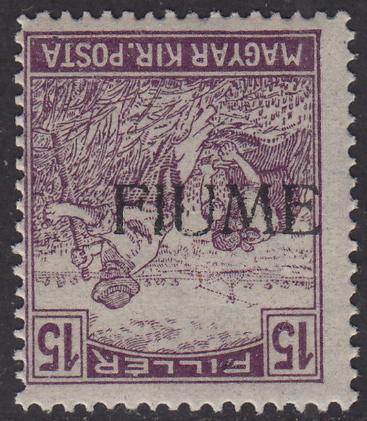 V151 - 1918 - Francobollo d'Ungheria della serie Mietitori, 15 filler violetto con soprastampa a macchina FIUME capovolta, nuovo con gomma (9ac)