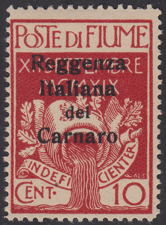 V339 - 1920 - Legionari di Fiume, c. 10 carminio soprastampato Reggenza Italiana del Carnaro, esemplare con decalco della soprsatampa nuovo con gomma (134zt)