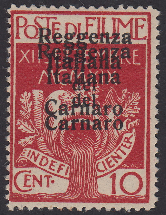 V341 - 1920 - Legionari di Fiume, c. 10 carminio soprastampato Reggenza Italiana del Carnaro, esemplare con doppia soprastampa nuovo con gomma (134c)