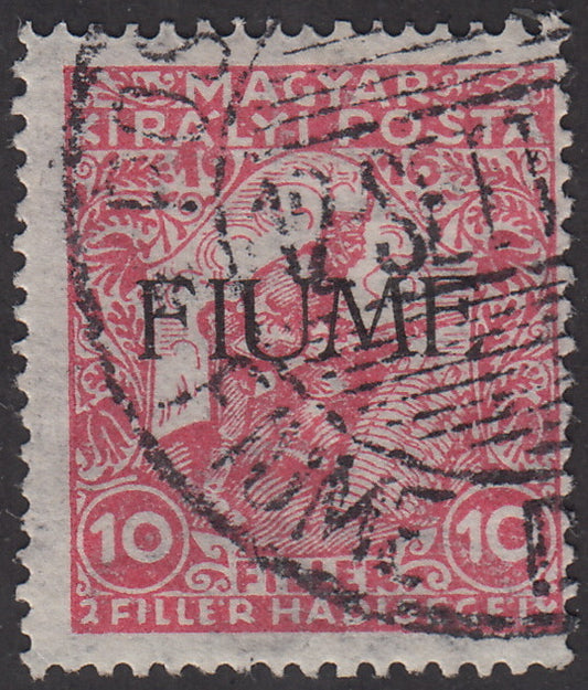 V52 - 1918 - Francobollo d'Ungheria della serie Beneficenza, 10 filler (+2) rosa con soprastampa a macchina, usato (1Aaa)