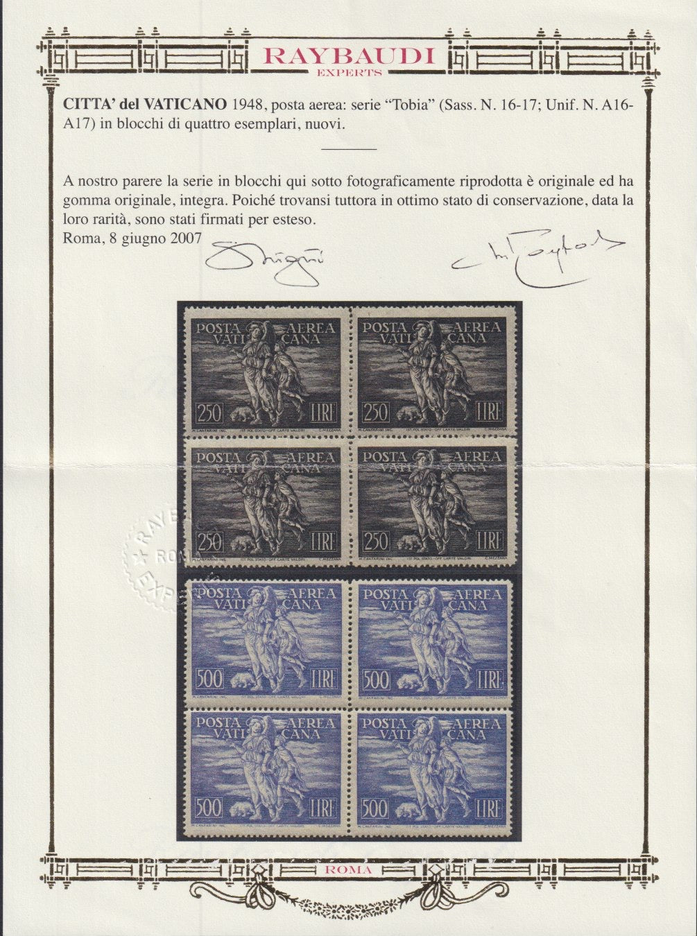 Vat20 - 1948 - Posta Aerea, "Arcangelo e Tobiolo" serie completa in blocco di 4 esemplari nuova con gomma integra (A16/17)