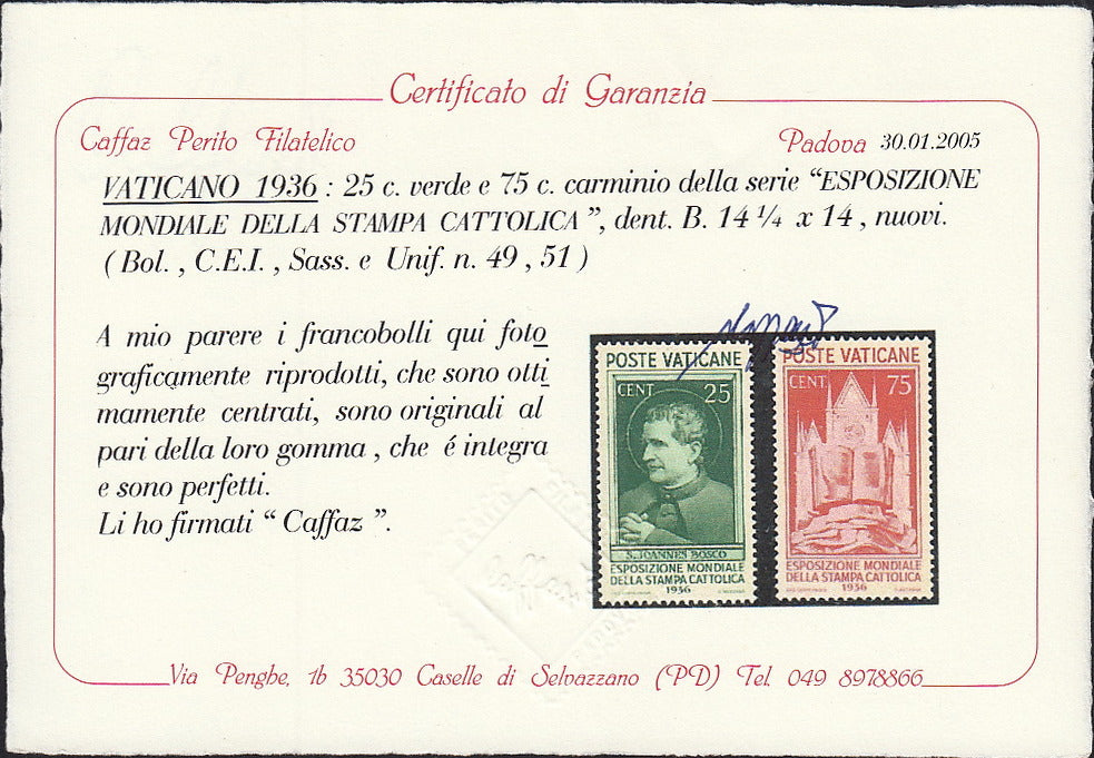 Vat10 - 1936 - Esposizione mondiale della Stampa Cattolica serie di otto esemplari nuovi gomma integra (47/54)
