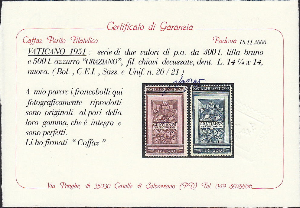Vat6 - 1951 - Posta Aerea, 8° centenario del decreto del monaco Graziano, serie di 2 valori nuovi gomma integra (20, 21)