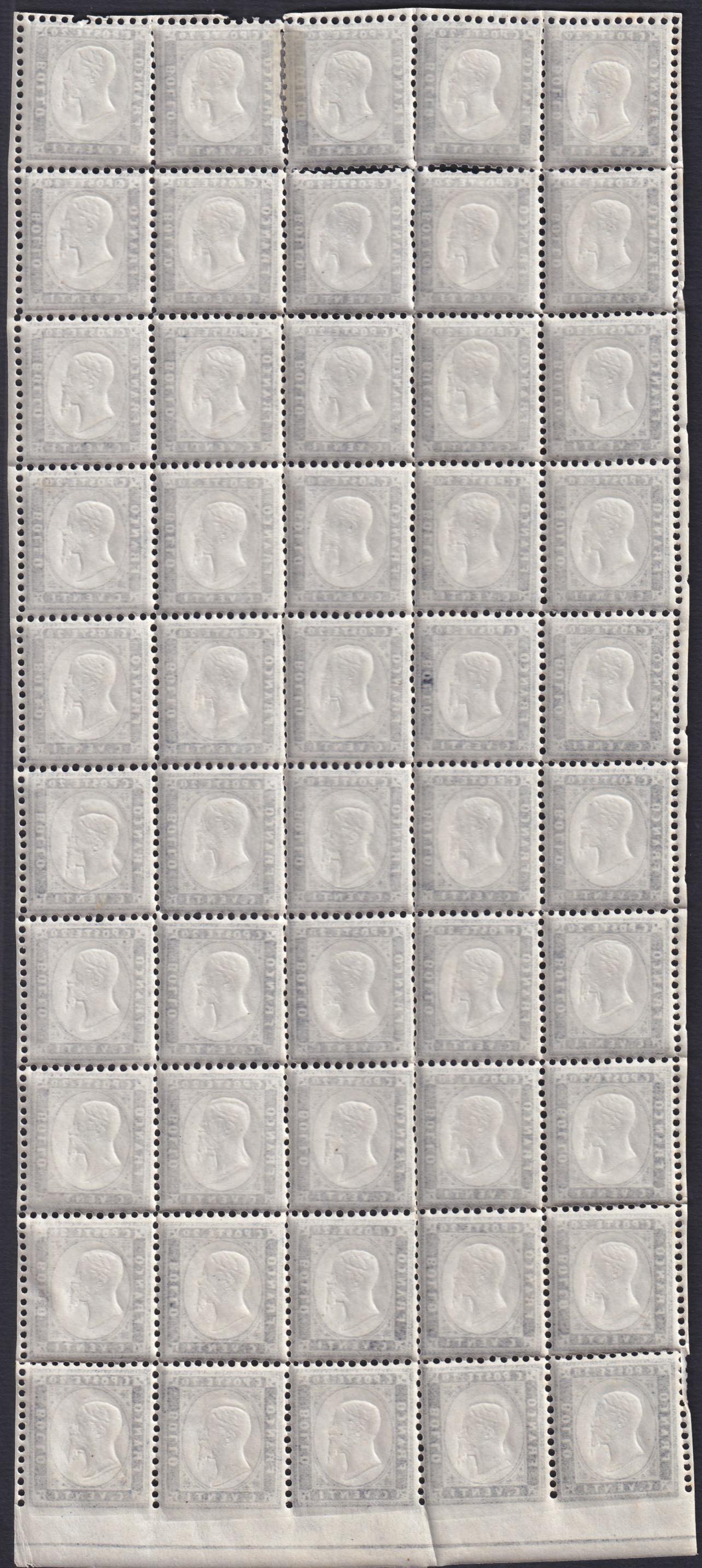 VEIIF1 - 1862 - Vittorio Emanuele II, perforated issue c. 20 indigo with violet reflections, complete sheet of 50 copies with lower box line, new with intact gum and excellent centering. (2nd)