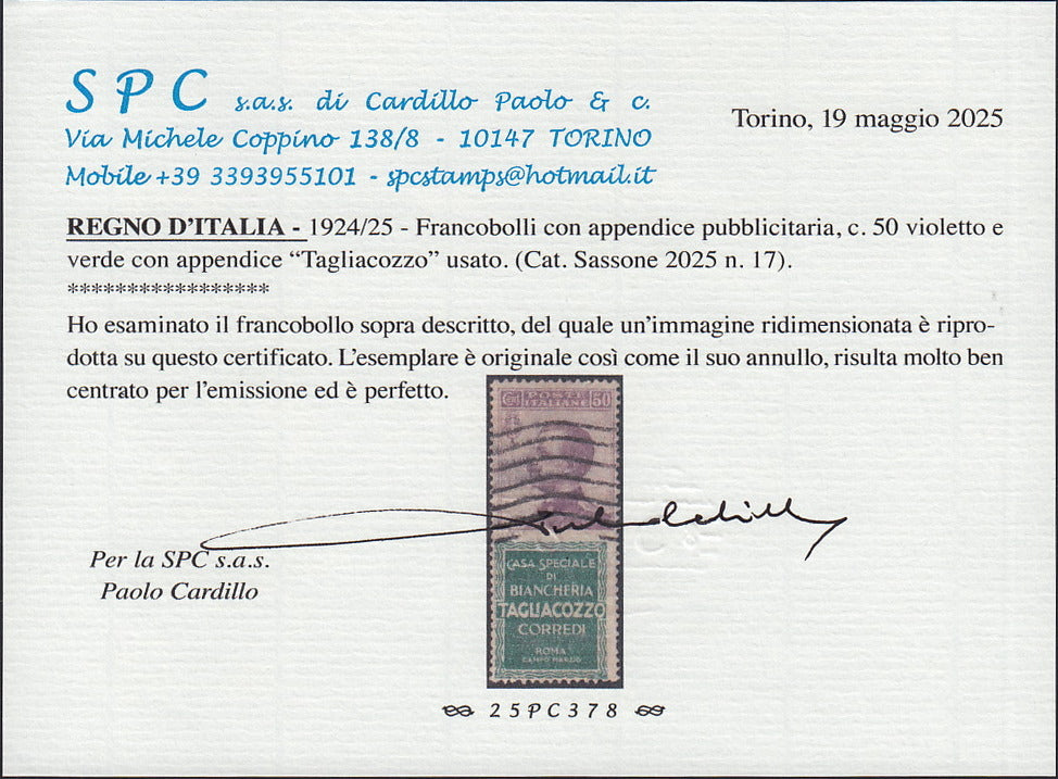 VEIII_74 - Regno d'Italia, emissione con appendici pubblicitarie, c. 50 violetto e verde "TAGLIACOZZO" usato (17)