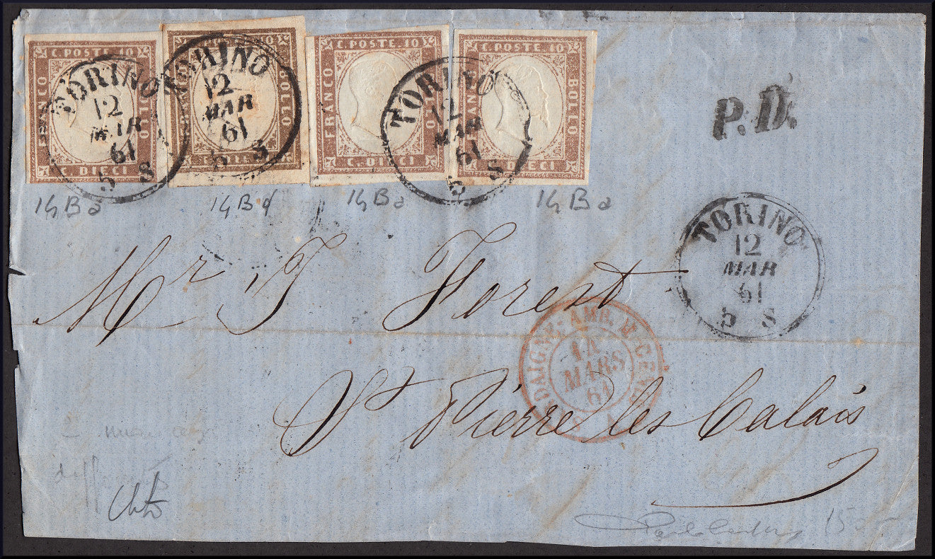 Y390 - 1861 - Frontespizio di lettera TORINO-S.Pierre Les Calais 12/3/1861 affrancata con c. 10 bruno grigio olivastro + c. 10 bruno lillaceo 3 esemplari (14B + 14Ba)