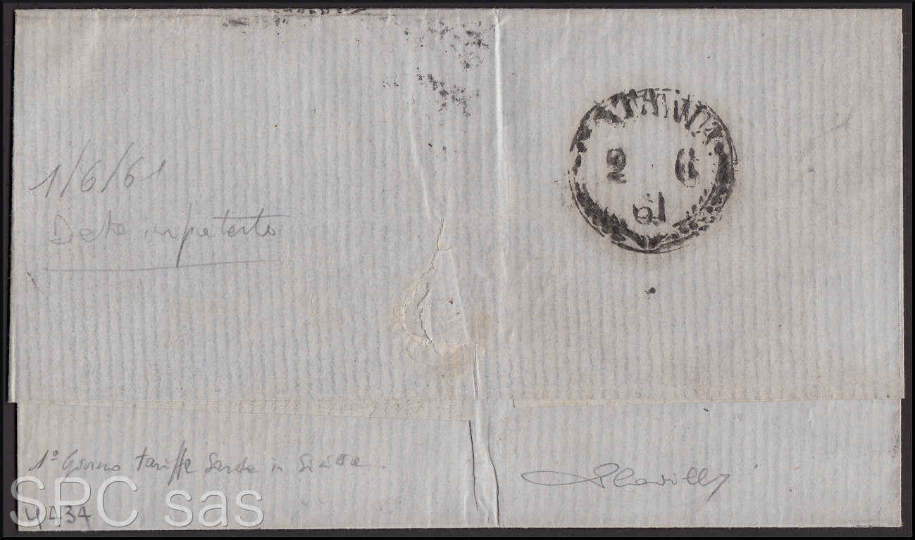 Y434 - 1861 - Lettera spedita da MESSINA per Catania 1/6/61 affrancata con c. 10 grigio olivastro chiaro I tavola (14C)