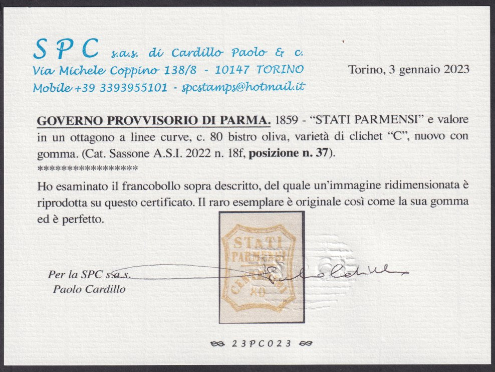 1859 - STATI PARMENSI e valore in un ottagono a linee curve, c. 80 bistro oliva varietà di clichet "C" nuovo con gomma (18f)