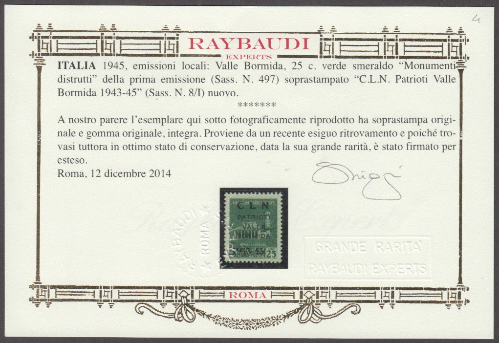 Destroyed monuments, c.25 emerald green with overprint "CLN / PATRIOTI / VALLE / BORMIDA / 1943-45" (8/I) new intact rubber