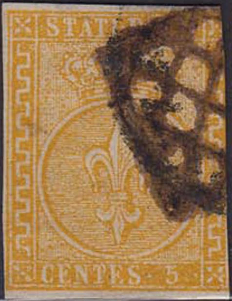 1855 - Ducato di Parma II emissione c. 5 giallo chiarissimo usato, certificato Cardillo (6b)