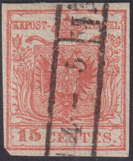 1850 - Lombardo Veneto I emissione, c. 15 rosa II tipo carta a coste verticali usato  (15)