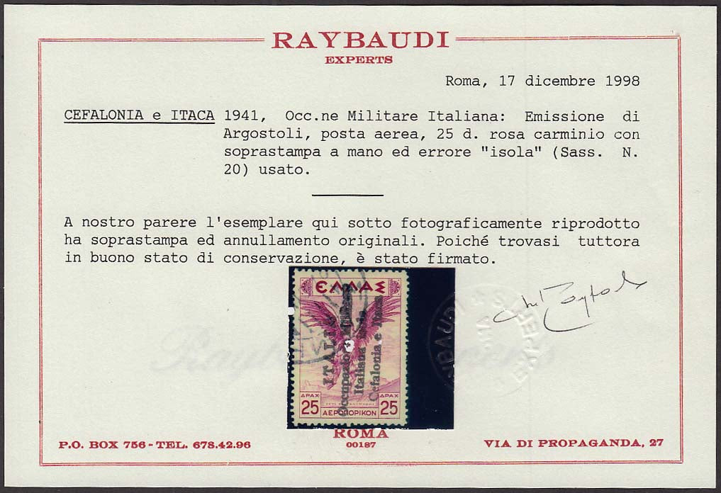 Mitologica, 25 pink carmine drachmas with hand overprint by Argostoli on a single example (20) used