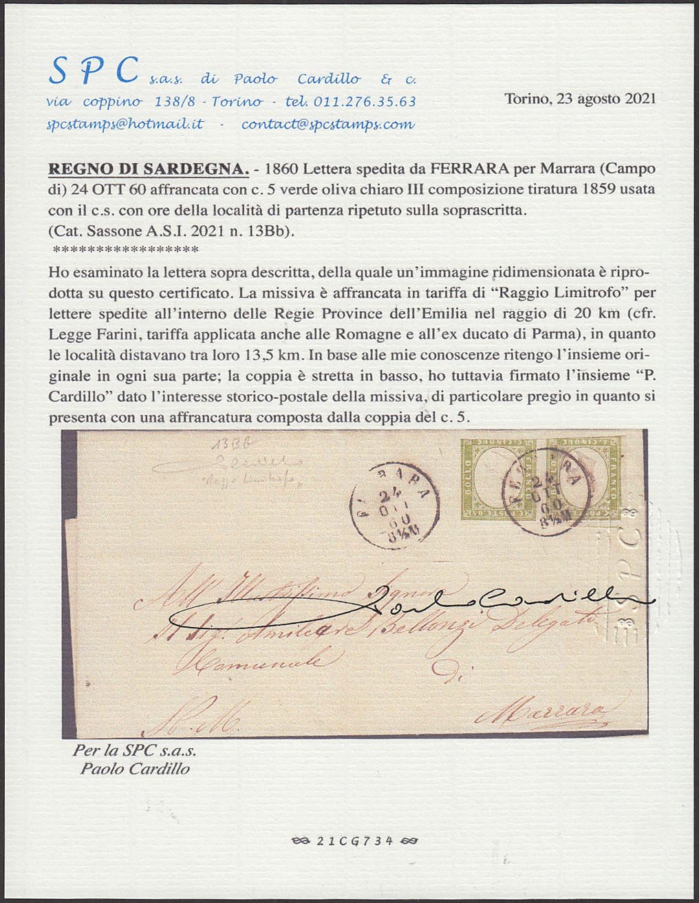 PPP469 - 1860 - IV emissione, c.5 verde oliva chiaro III composizione coppia su lettera da FERRARA per Campo di Marrara 24/10/60