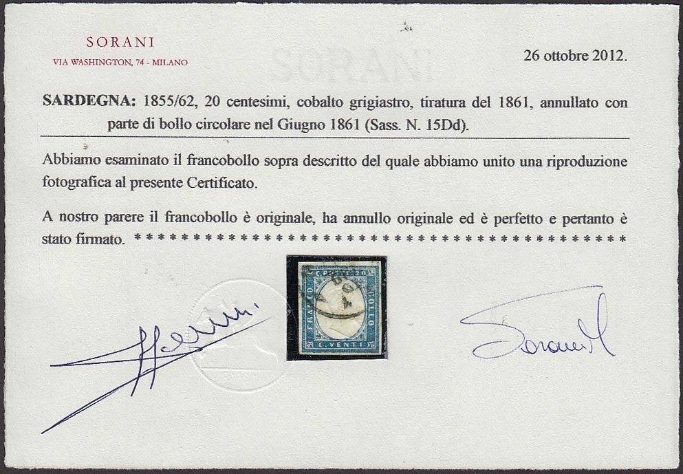 1861 - Sardegna IV emissione c. 20 cobalto grigiastro II tavola (15Dd) usato