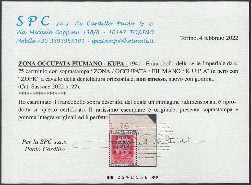 PP808 - 1941 - Imperiale c. 75 carmine overprinted "ZONA / OCCUPIED / FIUMANO / KUPA" new undamaged rubber (22)