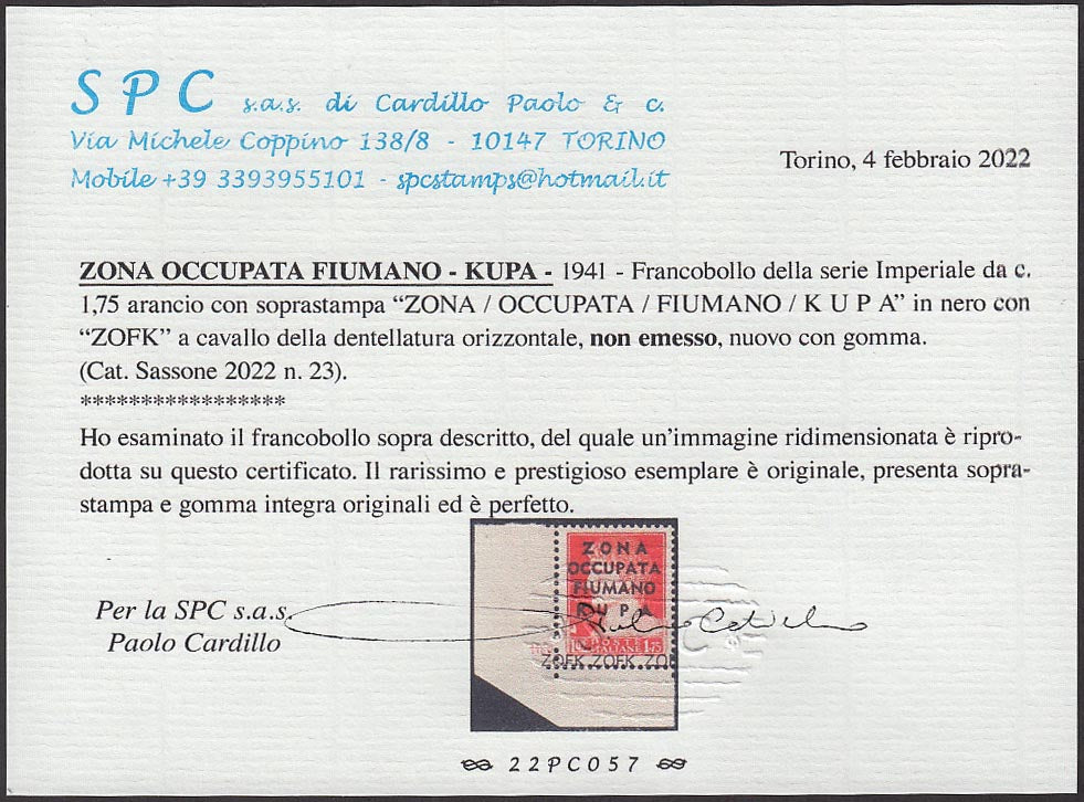 PP809 - Imperial c. 1.75 orange overprinted "ZONA / OCCUPIED / FIUMANO / KUPA" new undamaged rubber (23)