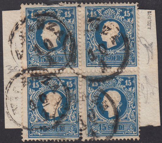 1858 - Lombardo Veneto, II emissione s.15 azzurro, blocco di quattro usato (27)