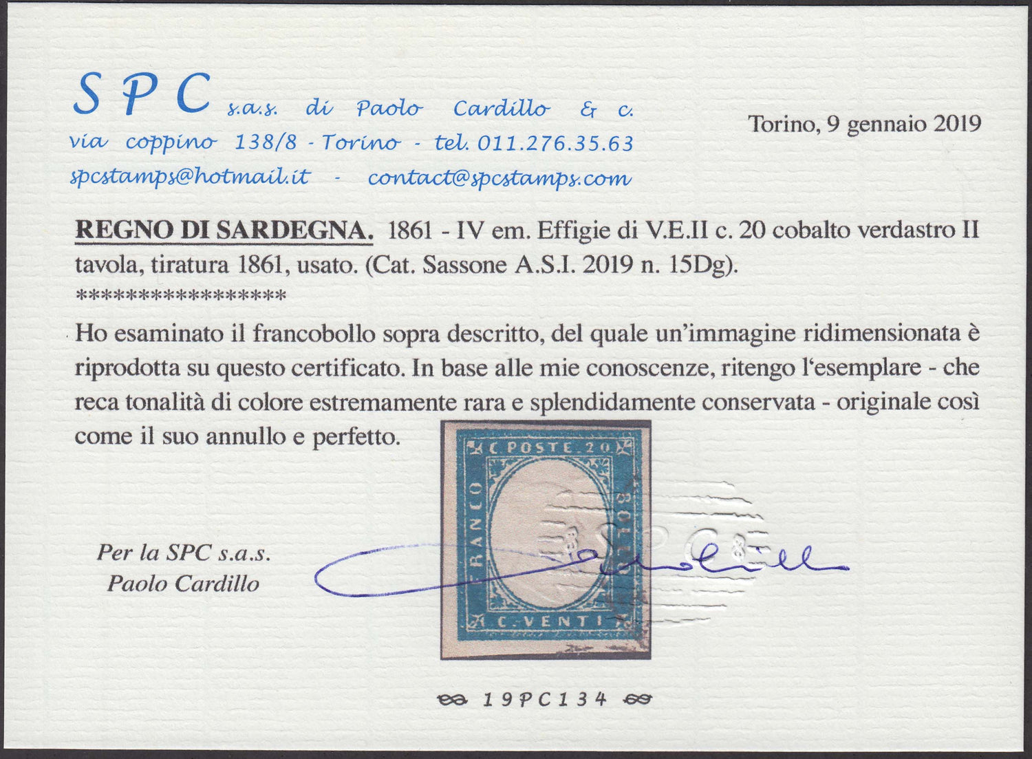 IV emissione di Sardegna il c 20 azzurro.