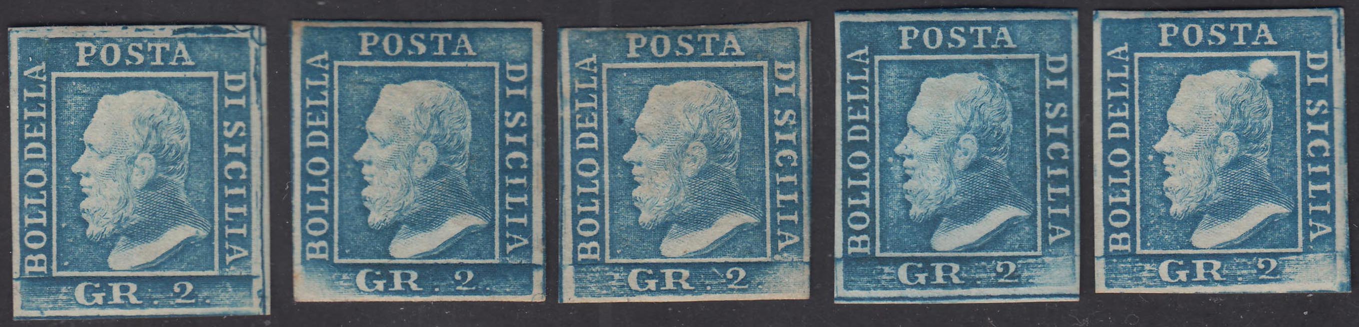 108 - 1859 - Effigie di Federico II di Borbone, 2 grana azzurro I tavola carta di Palermo lotto di 5 esemplari nuovi con gomma (6)