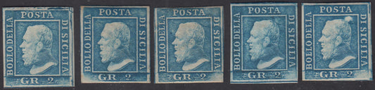 108 - 1859 - Effigie di Federico II di Borbone, 2 grana azzurro I tavola carta di Palermo lotto di 5 esemplari nuovi con gomma (6)