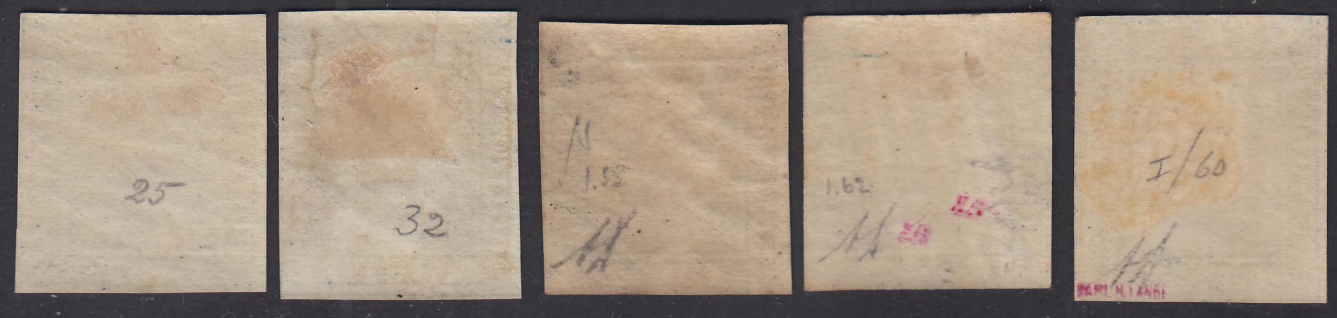 108 - 1859 - Effigie di Federico II di Borbone, 2 grana azzurro I tavola carta di Palermo lotto di 5 esemplari nuovi con gomma (6)