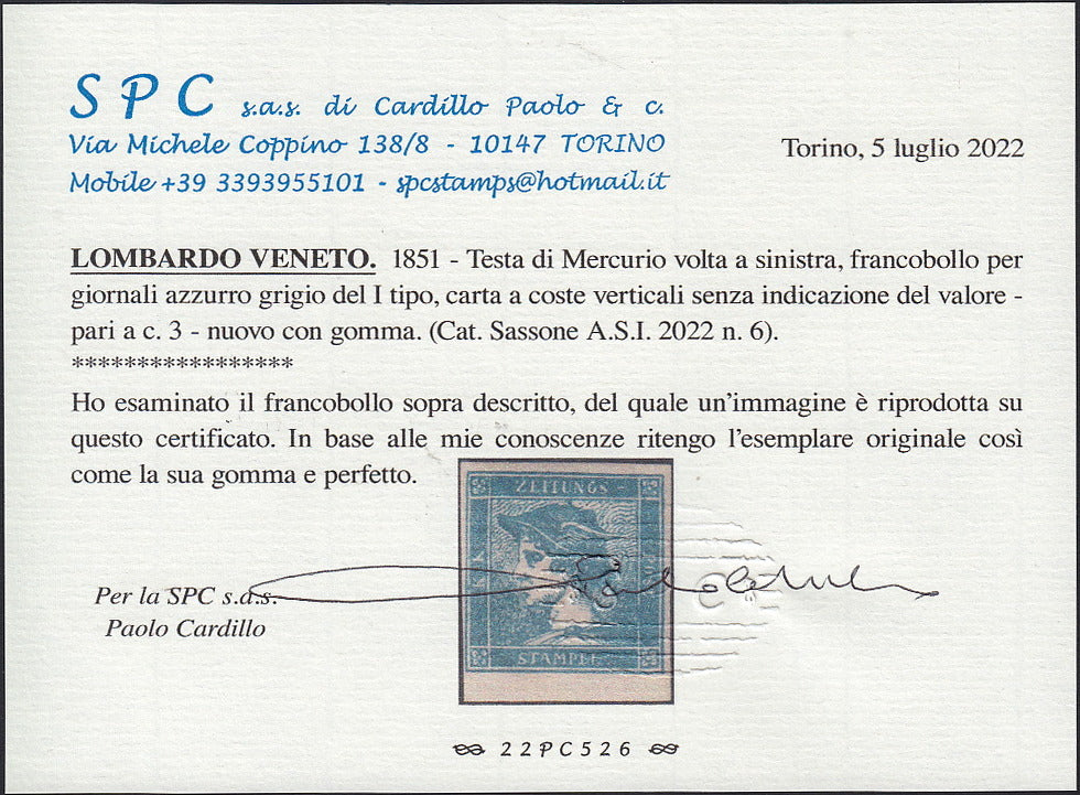 13_1 1851 - Newspapers, head of Mercury (c.3) light blue gray I type vertical ribbed paper new with gum (6).