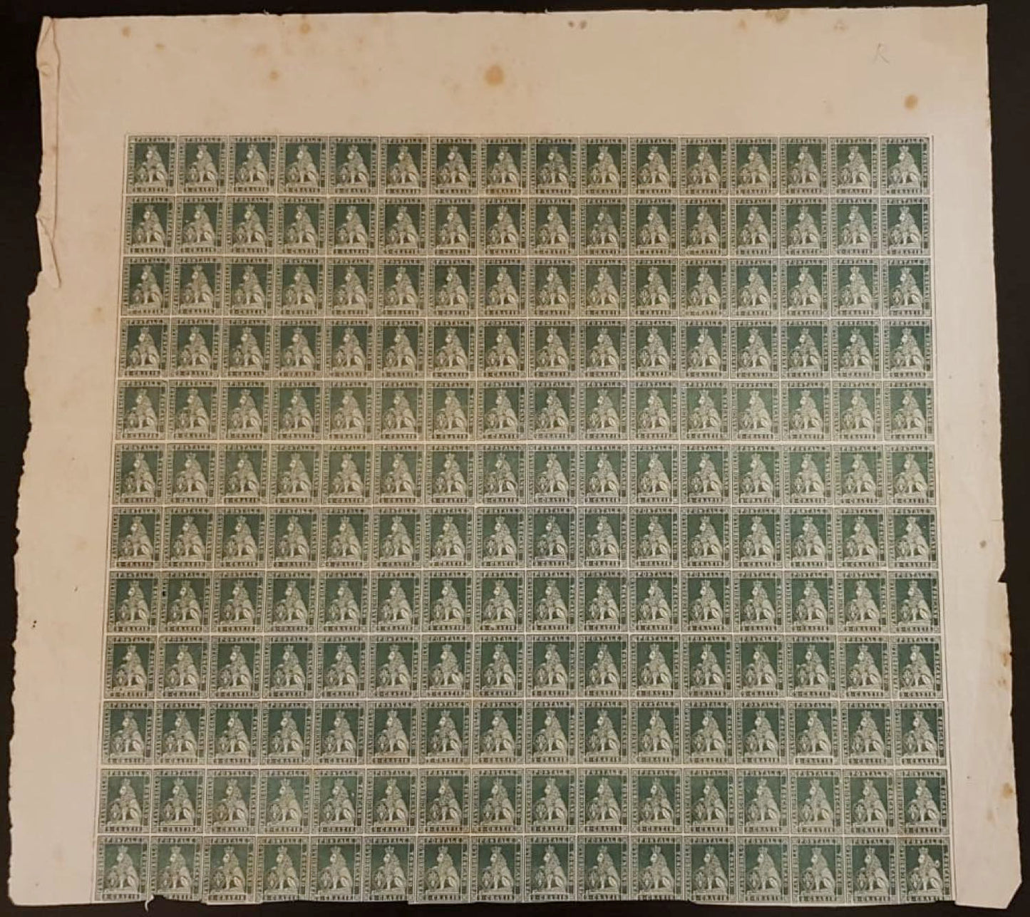 202 - 1852 - Granducato di Toscana, gran parte di foglio di prova con tre margini completi del francobollo da 2 crazie azzurro (P5)