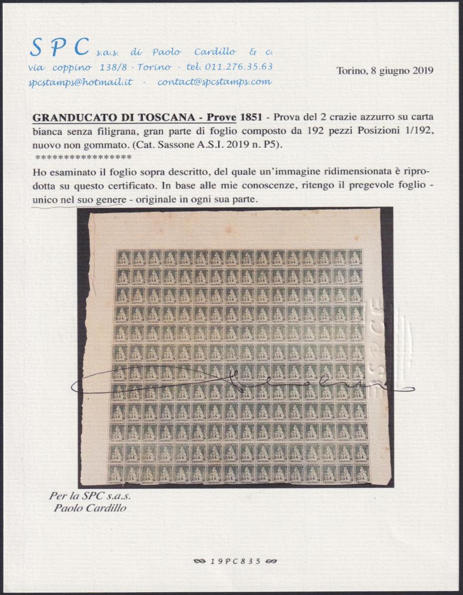 202 - 1852 - Granducato di Toscana, gran parte di foglio di prova con tre margini completi del francobollo da 2 crazie azzurro (P5)