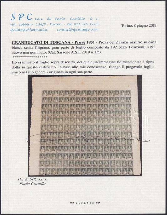 202 - 1852 - Gran Ducado de Toscana, gran parte de la hoja de prueba con tres márgenes completos del sello 2 crazie celeste (P5)
