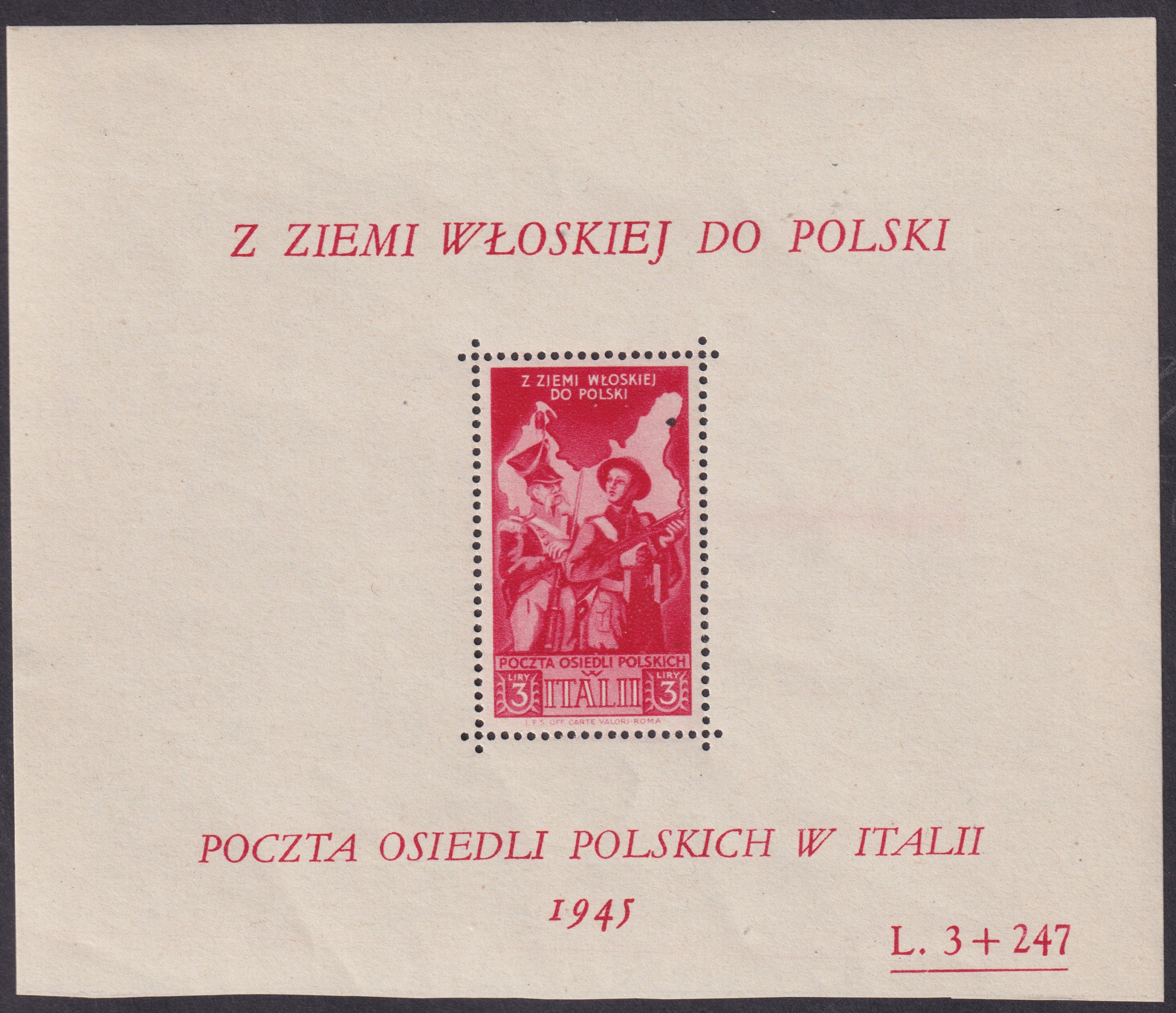 F0-217 - 1946 - Corpo Polacco, francobollo di Soccorso di Guerra n. 28 in colore diverso, L. 3 + 247 rosso in foglietto di mm. 120 x 120 nuovo gomma integra (3A).