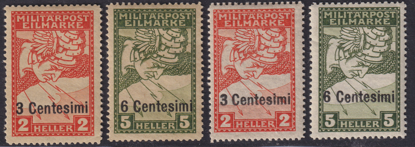 1918 - Austrian occupation of Friuli and Veneto, Bosnian espressos overprinted with "3 cents." red and "6 cent." olive green new with rubber (1, 2 + R1, R2) 