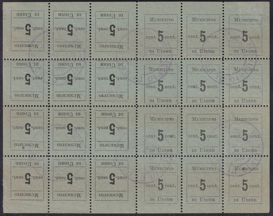 1918 - Town Hall of Udine, Typographic print on blue-green paper, c. 5 black complete sheet of 24 used copies (1, 1a, 1b, 1c) 