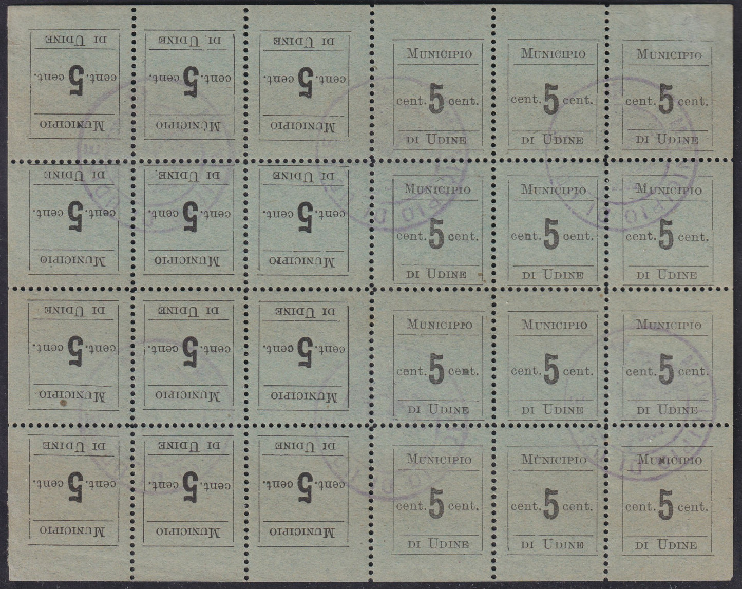 1918 - Municipio di Udine, Stampa tipografica su carta verde azzurra, c. 5 nero foglio completo di 24 esemplari usato (1, 1a, 1b, 1c)
