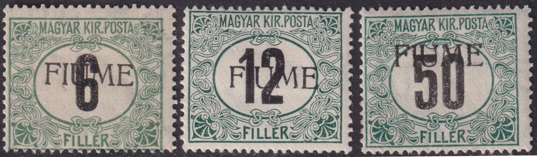 El288 - 1918 - Hungarian tax stamps, complete set of three new black and green "C" type watermark stamps with original rubber (C1/C3)